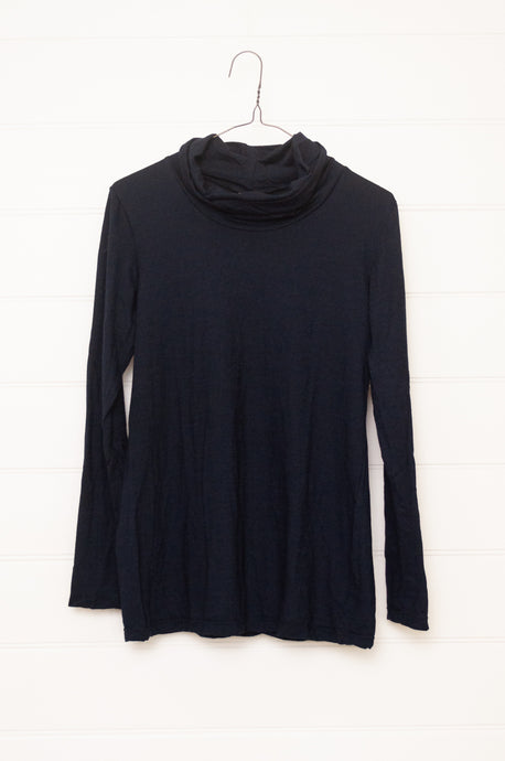 Classic Valia made in Melbourne wool jersey roll neck top in ink navy.