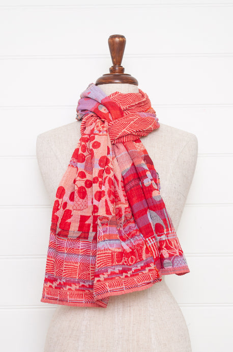 Letol made in France organic cotton jacquard  weave scarf, Celine floral design in rouge, crimson and pink.