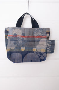 Letol made in France mini sized tote bag, organic cotton jacquard weave reversible, Celine in navy blue.