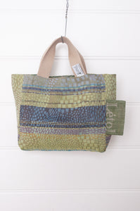 Letol made in France mini sized tote bag, organic cotton jacquard weave reversible, Celine in granny green.