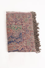Load image into Gallery viewer, Juniper Hearth lilac pure wool jacquard paisley tasseled throw, with soft teal and denim blue and rust highlights.