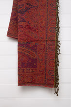 Load image into Gallery viewer, Juniper Hearth ruby and magenta, pure wool jacquard paisley tasseled throw.