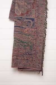 Juniper Hearth lilac pure wool jacquard paisley tasseled throw, with soft teal and denim blue and rust highlights.
