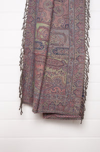 Juniper Hearth lilac pure wool jacquard paisley tasseled throw, with soft teal and denim blue and rust highlights.