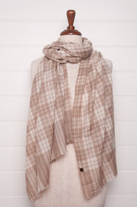 DVE woven cashmere scarf in natural and ecru plaid check.