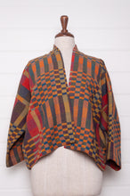 Load image into Gallery viewer, Neeru Kumar handwoven wool check kimono cropped jacket in olive, red, orange, mustard and charcoal.