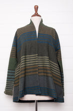 Load image into Gallery viewer, Neeru Kumar cardigan style jacket handwoven wool stripes of green, indigo, olive, taupe and charcoal.