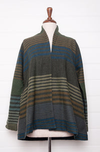 Neeru Kumar cardigan style jacket handwoven wool stripes of green, indigo, olive, taupe and charcoal.