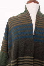 Load image into Gallery viewer, Neeru Kumar cardigan style jacket handwoven wool stripes of green, indigo, olive, taupe and charcoal.