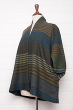 Load image into Gallery viewer, Neeru Kumar cardigan style jacket handwoven wool stripes of green, indigo, olive, taupe and charcoal.