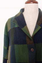 Load image into Gallery viewer, Neeru Kumar handwoven wool blanket check cropped loose fit jacket in indigo navy and emerald green.