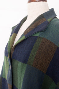 Neeru Kumar handwoven wool blanket check cropped loose fit jacket in indigo navy and emerald green.