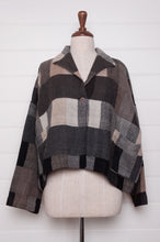 Load image into Gallery viewer, Neeru Kumar Coco jacket in blanket check wool, monochrome tones of charcoal, black, beige, latte and brown.