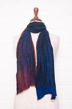 Load image into Gallery viewer, Neeru Kumar pure wool crinkle finish shibori scarf in ruby red and cobalt blue.