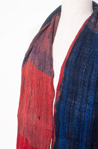 Neeru Kumar pure wool crinkle finish shibori scarf in ruby red and cobalt blue.