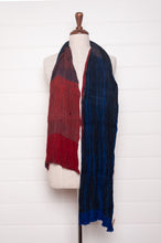 Load image into Gallery viewer, Neeru Kumar pure wool crinkle finish shibori scarf in ruby red and cobalt blue.