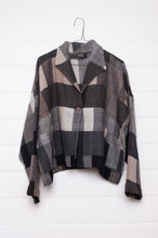 Load image into Gallery viewer, Neeru Kumar Coco jacket in blanket check wool, monochrome tones of charcoal, black, beige, latte and brown.