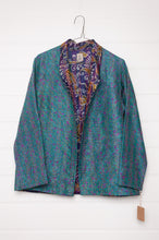 Load image into Gallery viewer, DVE Collection one of a kind reversible silk kantha Neeli jacket has a small floral print on cerulean blue on one side,  and a paisley on the reverse on cobalt blue.