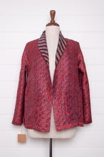 Load image into Gallery viewer, DVE Collection one of a kind reversible silk kantha Neeli jacket has ddiagonal stripe in silver and black on one side, and also on the reverse on deep rose pink.