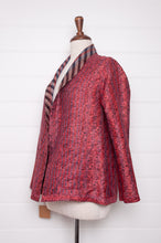 Load image into Gallery viewer, DVE Collection one of a kind reversible silk kantha Neeli jacket has ddiagonal stripe in silver and black on one side, and also on the reverse on deep rose pink.