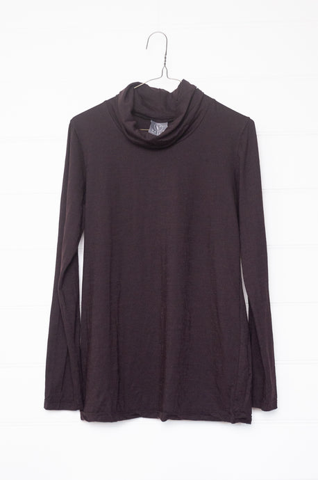 Valia made in Melbourne merino wool jersey roll neck top in chocolate brown.