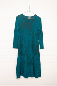 Valia Dixie dress in double weight wool jacquard floral print with spot border Brittany teal turquoise.