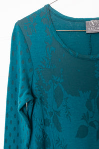 Valia Dixie dress in double weight wool jacquard floral print with spot border Brittany teal turquoise.