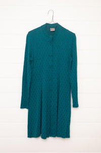 Valia double weight jacquard wool jersey coat in spot print, Dixie in Brittany turquoise teal.