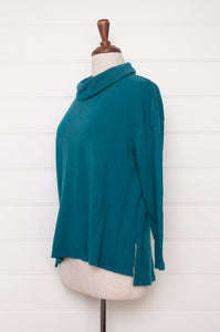 Valia merino wool double jersey jacquard print roll neck Iris and checks pullover tunic in Brittany teal turquoise.