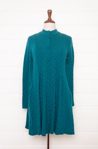 Valia double weight jacquard wool jersey coat in spot print, Dixie in Brittany turquoise teal.