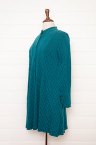 Valia double weight jacquard wool jersey coat in spot print, Dixie in Brittany turquoise teal.