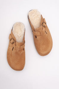 Bosabo tan suede sabot Leon sheepskin lined slip on clog with cork sole.