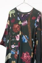 Load image into Gallery viewer, Yavi silk dress v-neck three quarter sleeve A-line in VIne garden print.