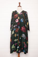 Load image into Gallery viewer, Yavi silk dress v-neck three quarter sleeve A-line in VIne garden print.