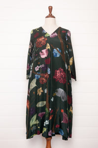 Yavi silk dress v-neck three quarter sleeve A-line in VIne garden print.