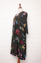 Load image into Gallery viewer, Yavi silk dress v-neck three quarter sleeve A-line in VIne garden print.