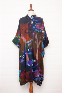 Yavi wool cotton viyella oversized shirt dress in Unwilted print on russet brown.