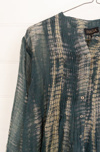 Raga Katie cotton silk shibori button up shirt with pin tucks.