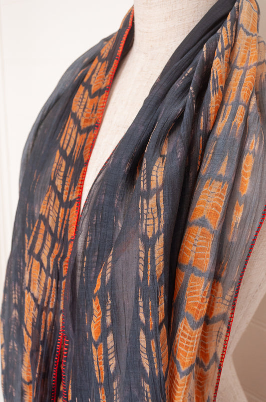 Neeru Kumar cotton and silk shibori scarf - charcoal and coral