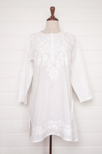 Load image into Gallery viewer, Chikankari white on white embroidered button up long kurta top.