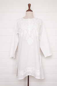 Chikankari white on white embroidered button up long kurta top.