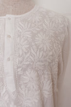 Load image into Gallery viewer, Chikankari white on white embroidered button up long kurta top.