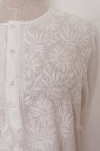 Chikankari white on white embroidered button up long kurta top.