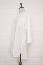 Load image into Gallery viewer, Chikankari white on white embroidered button up long kurta top.