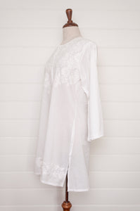 Chikankari white on white embroidered button up long kurta top.