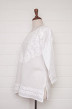 Load image into Gallery viewer, White on white embroidery chikankari cotton kurta button up top.