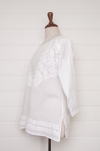 White on white embroidery chikankari cotton kurta button up top.