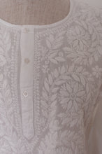 Load image into Gallery viewer, White on white embroidery chikankari cotton kurta button up top.