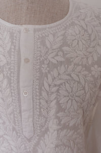 White on white embroidery chikankari cotton kurta button up top.