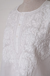 White on white embroidery chikankari cotton kurta button up top.